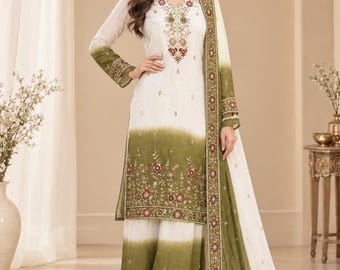 May include: A white and olive green ombre long-sleeve tunic and wide-leg trousers set featuring intricate floral embroidery in red and gold tones along the neckline, cuffs, and hem, paired with a matching embroidered dupatta shawl.