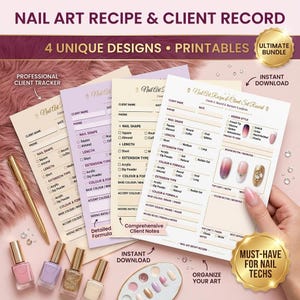 May include: A set of four printable Nail Art Recipe and Client Record sheets in cream and lavender. The forms include fields for client name, phone, nail shape, length, extension type, and colour formula, with small illustrations of nail designs.