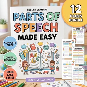 Op de afbeelding: Een 12-pagina tellend Engels grammaticapakket getiteld Parts of Speech Made Easy. De omslag toont een groot open boek met letters, omringd door illustraties van potloden, notitieboekjes en twee kinderen. Inclusief digitale download en gidslabels.