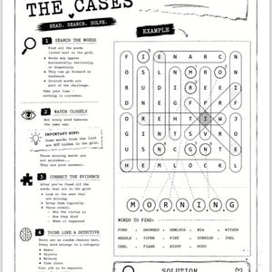 May include: A black and white instructional page titled How to Solve the Cases, featuring a word search grid, a list of words to find, and a solution section. The text includes instructions for searching, connecting evidence, and solving the mystery.