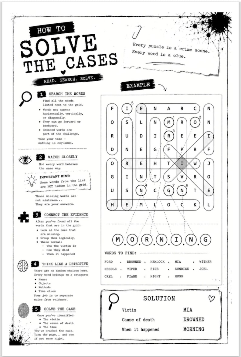 May include: A black and white instructional page titled How to Solve the Cases, featuring a word search grid, a list of words to find, and a solution section. The text includes instructions for searching, connecting evidence, and solving the mystery.