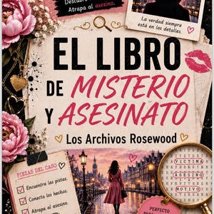 以下が含まれることがあります： 「El Libro de Misterio y Asesinato」というタイトルのブックカバー。夕暮れ時の石畳の道を歩く人物の中央画像が特徴です。デザインにはピンクの花のアクセント、虫眼鏡、指紋、写真のインサートが含まれています。