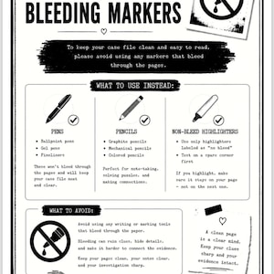 May include: A black and white instructional document titled IMPORTANT: DO NOT USE BLEEDING MARKERS. It provides guidance on writing tools, recommending pens, pencils, and non-bleed highlighters while advising against markers that bleed through paper pages.