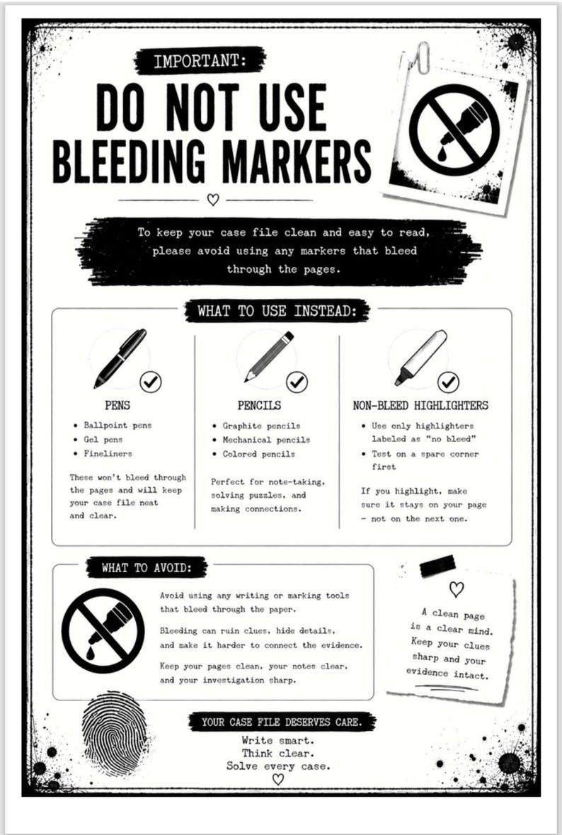 May include: A black and white instructional document titled IMPORTANT: DO NOT USE BLEEDING MARKERS. It provides guidance on writing tools, recommending pens, pencils, and non-bleed highlighters while advising against markers that bleed through paper pages.