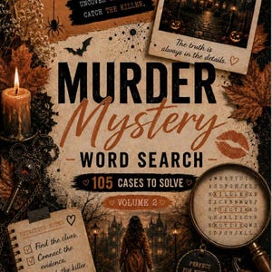 Puede incluir: Una portada de libro de sopa de letras Murder Mystery con una mansión embrujada, una vela encendida, una lupa sobre una cuadrícula de palabras, una calabaza, una calavera y un bloc de notas. El texto dice Murder Mystery Word Search 105 Cases.
