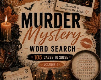 May include: A Murder Mystery Word Search book cover featuring a haunted mansion, a lit candle, a magnifying glass over a word grid, a jack-o'-lantern, a skull, and a notepad with detective notes. The text reads Murder Mystery Word Search 105 Cases.
