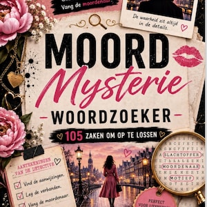 May include: A mystery word search book titled Moord Mysterie Woordzoeker by Melanie Collins. The cover features pink flowers, a magnifying glass, a detective's notebook, and a photo of a person in a city at night. It includes 105 cases to solve.