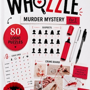 Pode incluir: Um jogo de lógica de mistério de assassinato Whozzle para um jogador. A capa apresenta o título, 80 quebra-cabeças lógicos, uma grade de suspeitos, um quadro de crimes com fotos e percevejos vermelhos e uma tigela vermelha.