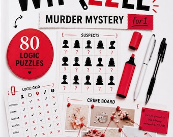 May include: A Whozzle murder mystery logic puzzle game for one player. The cover features the title, 80 logic puzzles, a suspect grid, a crime board with photos and red pins, a red bowl with puzzle pieces, and a red marker and pens.