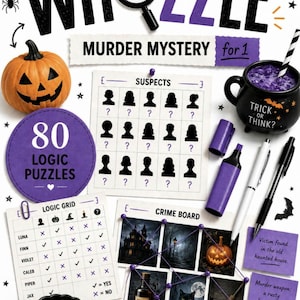 May include: A Whozzle murder mystery logic puzzle book cover featuring a jack-o'-lantern, a purple cauldron with the text Trick or Think, a suspect grid, a crime board with photos, logic grids, puzzle pieces, pens, and a magnifying glass.