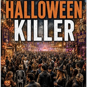 May include: A poster titled THE HALLOWEEN KILLER from the Holiday Killer Series. It features a crowded street scene at night with pumpkins, a skeleton, and a haunted house sign. Text at the bottom reads 40,000 NAMES, 17 CLUES, and 1 KILLER.