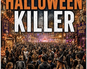 May include: A poster titled THE HALLOWEEN KILLER from the Holiday Killer Series. It features a crowded street scene at night with pumpkins, a skeleton, and a haunted house sign. Text at the bottom reads 40,000 NAMES, 17 CLUES, and 1 KILLER.