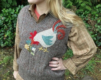 Upcycled Shetland Wool Knit V Neck Vest with Applique Chicken and Embroidered Fowers