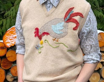 Upcycled Gently Worn Lambswool V Neck Vest. Applique Chicken with Wool/Silk/Velvet Embroidery.