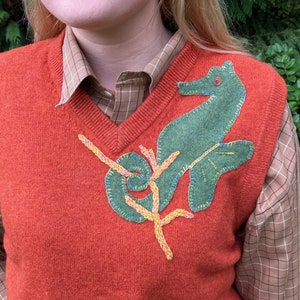 Upcycled Lambswool L.L. Bean Orange V Neck Vest with Applique Cashmere SeaHorse on Front and Back