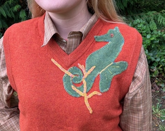 Upcycled Lambswool L.L. Bean Orange V Neck Vest with Applique Cashmere SeaHorse on Front and Back