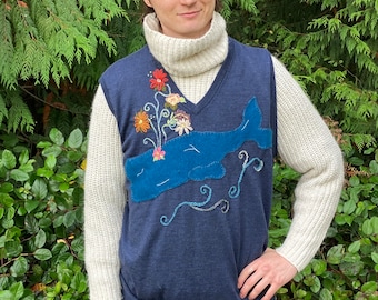 Upcycled Fine Italian Merino V Neck Vest with Cashmere Applique Whale Silk/Wool Embroidery Blue