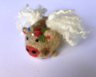 Needle Felted Pincushion~ When Pigs Fly~ Fleece and Roving with Walnut Shell Fill.