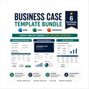 May include: A business case template bundle featuring six professional templates for Word, Excel, and PowerPoint. The graphic displays a business case workbook, a pitch deck template, and an ROI calculator with charts, tables, and financial data summaries.