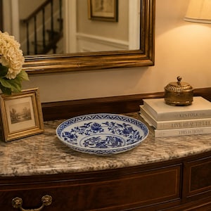 May include: A shallow, round ceramic bowl featuring a white base with intricate blue floral and vine patterns. The rim is decorated with a geometric border design. The bowl is positioned on a marble surface, showcasing its detailed craftsmanship.