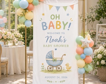 Personalized Baby Shower Welcome Sign, Oh Baby Fabric Banner, Custom Baby Name Backdrop, Colorful Garden Shower Party Decor