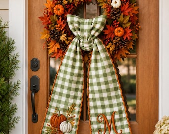 Guirnalda de flores bordada personalizada para otoño, lazo decorativo a cuadros otoñales, adorno colgante para puerta con monograma personalizado, detalle de cosecha de calabazas, regalo de Acción de Gracias