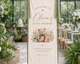 Tapiz personalizado para baby shower, pancarta de bienvenida con osito de peluche, elegante decoración floral para fiestas, regalo de recuerdo, servicio personalizado urgente disponible.