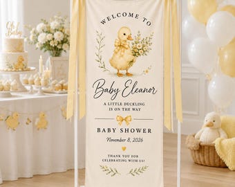 Banner personalizado para baby shower con diseño de patito, fondo de bienvenida personalizado, decoración para fiesta infantil "Little Duckling", servicio de personalización urgente disponible.