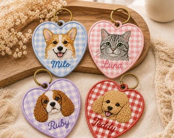 Personalized Pet Portrait Embroidery Keychain, Custom Dog Cat Name Keyring, Handmade Animal Lover Keepsake Gift