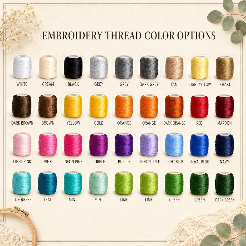 May include: A color chart titled EMBROIDERY THREAD COLOR OPTIONS displaying thirty-two individual spools of thread in various shades including white, cream, black, grey, tan, yellow, khaki, brown, orange, red, maroon, pink, purple, blue, and green.
