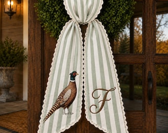 Guirnalda decorativa personalizada, decoración bordada para puertas, cinta con monograma personalizado, adorno para porche de estilo rústico, elegante adorno de bienvenida para el hogar.