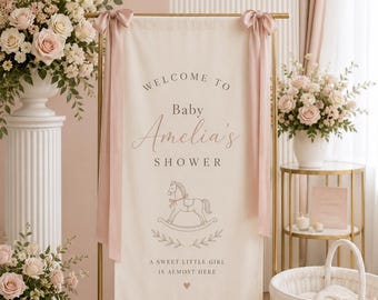 Banner personalizado para baby shower, letrero personalizado de lino para baby shower de niña, decoración de fiesta de tela con caballito mecedora y lazo rosa