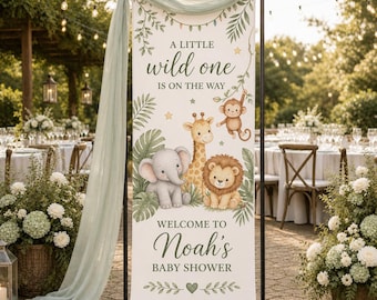 Pancarta personalizada para baby shower, letrero de bienvenida con animales de safari, primer cumpleaños, servicio de personalización urgente disponible.
