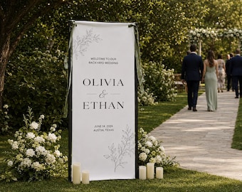 Tapiz personalizado para la bienvenida de la boda, elegante pancarta para la ceremonia, telón de fondo de lino a medida, decoración para la recepción en el jardín, servicio de personalización urgente disponible.