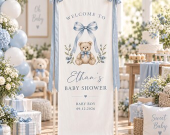 Personalized Baby Shower Banner, Blue Teddy Bear Baby Boy Decor, Nursery Party Backdrop, Rush Custom Available