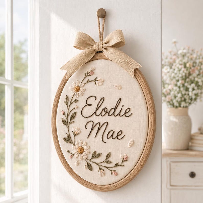 May include: An oval wooden embroidery hoop containing cream-colored fabric with the embroidered name Elodie Mae in dark brown script. The design features a floral vine with white daisies and green leaves, topped with a tan burlap bow.