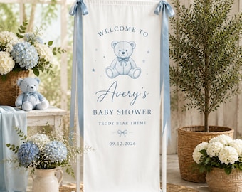 Banner personalizado para baby shower con osito de peluche, telón de bienvenida personalizado, decoración azul para fiesta de guardería, letrero de celebración para niño, personalización urgente disponible.