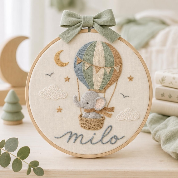 Personalized Baby Name Ornament, Elephant Hot Air Balloon Embroidery Hoop, Neutral Nursery Decor, Baby Shower Gift