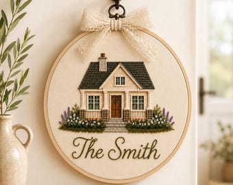 Retrato de casa en aro de bordado personalizado, arte de pared con nombre familiar personalizado, recuerdo artesanal para el hogar, decoración para habitación infantil estilo cabaña, regalo para nuevo hogar