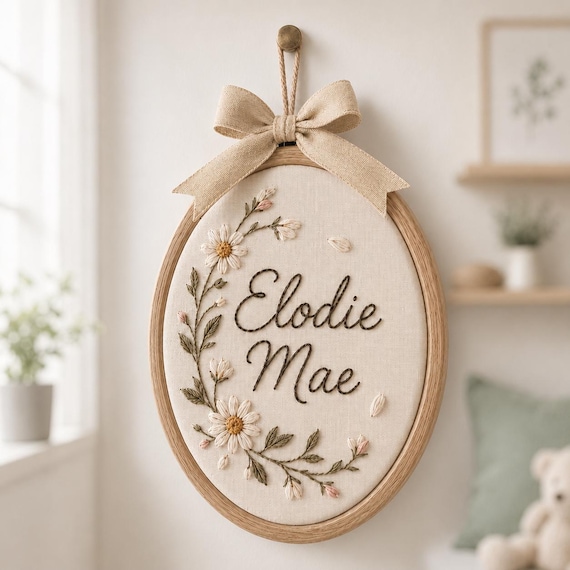 Personalized Baby Girl Ornament, Daisy Floral Embroidery Hoop, Custom Baby Name Nursery Wall Decor, Newborn Keepsake Gift