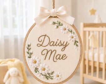 Personalized Baby Girl Ornament, Daisy Floral Embroidery Hoop, Custom Baby Name Nursery Decor, Newborn Keepsake, Baby Shower Gift