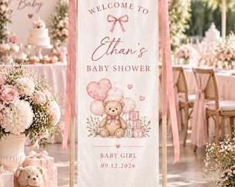 Personalized Baby Shower Banner, Teddy Bear Baby Girl Welcome Sign, Pink Nursery Decor, Rush Custom Available