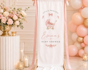 Tapiz personalizado de bienvenida para baby shower, elegante pancarta de lino, fondo personalizado para la habitación del bebé, decoración floral rosa para fiestas, celebración del recién nacido.