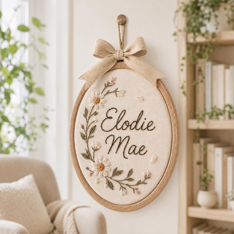 May include: An oval wooden embroidery hoop containing cream-colored fabric with the name Elodie Mae stitched in dark brown thread. A floral vine with white daisy-like flowers and green leaves curves along the left side, topped with a tan burlap bow.