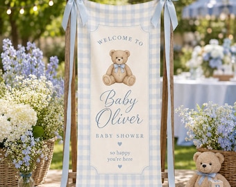 Tapiz personalizado para baby shower con osito de peluche, letrero de bienvenida a cuadros azules, pancarta de tela con el nombre del bebé personalizado, fondo para baby shower de niño.