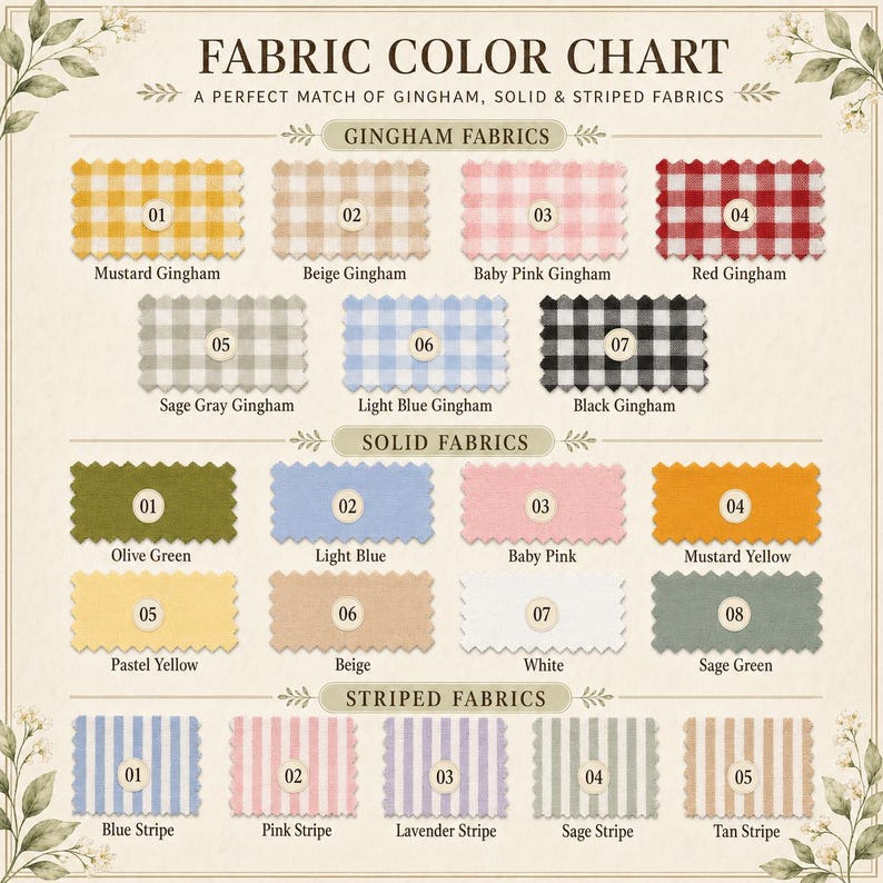 Puede incluir: Una carta de colores de tela con filas de muestras etiquetadas como Gingham, Solid y Striped. La tabla muestra muestras numeradas en varios colores, incluyendo mostaza, beige, rosa, rojo, gris salvia, azul claro, negro, oliva, blanco y lavanda.