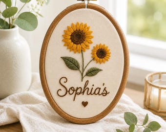 Aro de bordado personalizado con girasoles para decoración de habitación infantil, arte de pared con nombre de bebé personalizado, recuerdo floral bordado a mano, regalo para la habitación del recién nacido