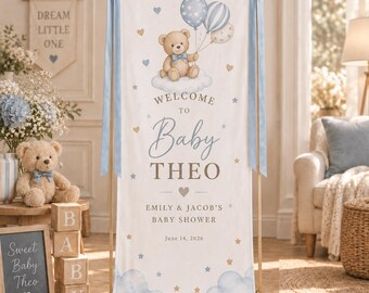 Banner de bienvenida personalizado para baby shower, decoración de osito de peluche para la habitación del bebé, letrero de celebración con temática azul, servicio de personalización urgente disponible.