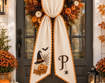Banda para corona de Halloween personalizada, decoración de puerta con monograma personalizado, cinta espeluznante para el porche, adorno colgante de calabaza de otoño