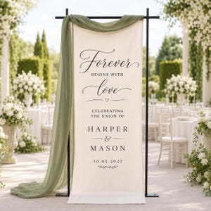 Personalized Wedding Tapestry, Custom Fabric Welcome Sign, Green Draped Ceremony Backdrop, Romantic Reception Decor